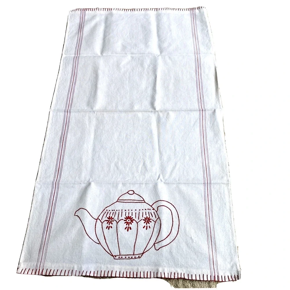 White cotton muslin kitchen tea towel red embroidery finishes country farmhouse